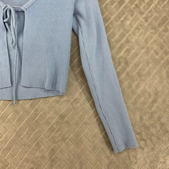 Honeybum Womans Medium Crop Top Light Blue Cardigan Tie Front Long Sleeve - Picture 4 of 15